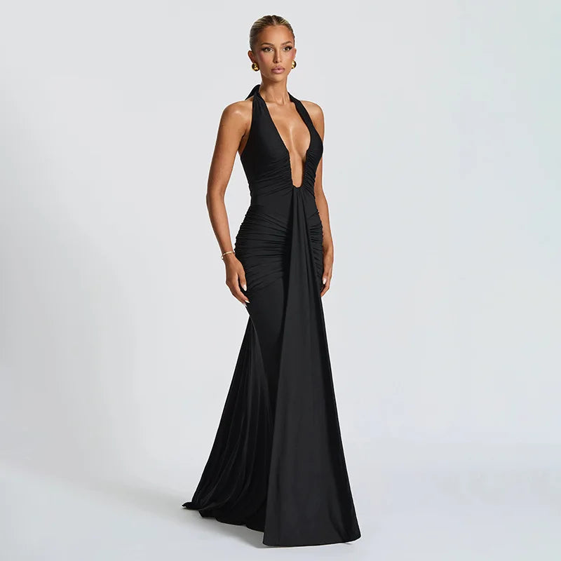 Sexy Deep V-neck Backless Halter Maxi Dresses Women's Sleeveless High Waist Bodycon Pleated Robe 2025 New Evening Party Gown