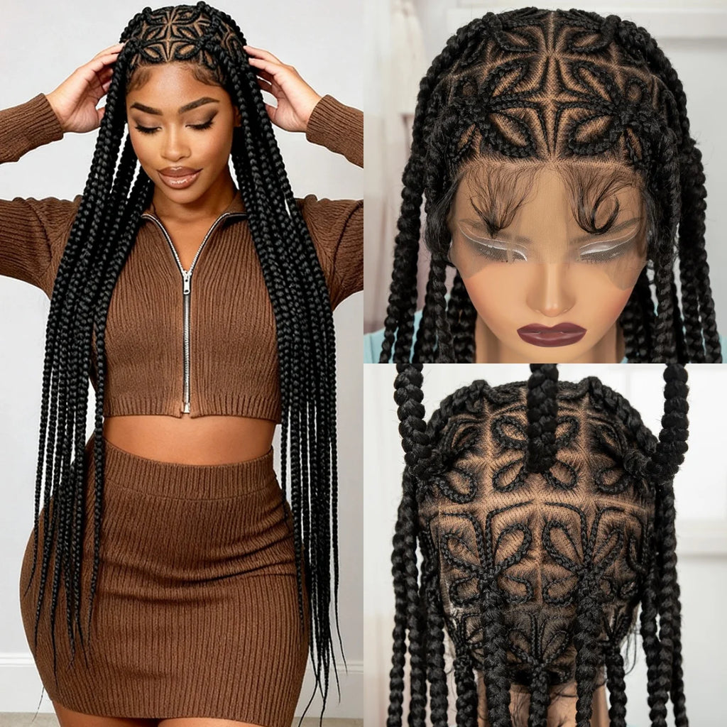 36in Full Lace Cornrow Braided Wigs Synthetic Natural Braiding Hair Wigs Box Braided Lace Wigs with Baby Hair for Black Women