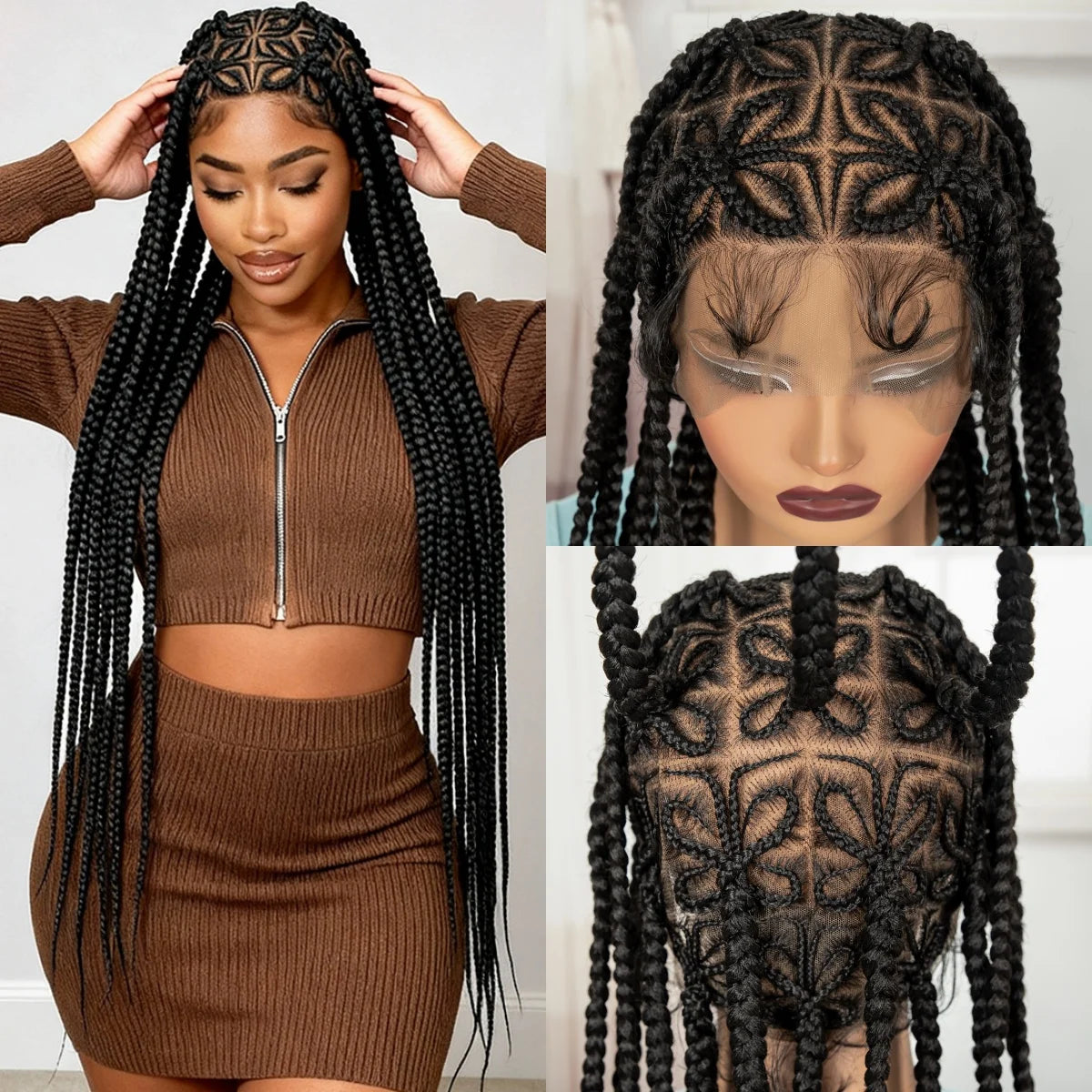 36in Full Lace Cornrow Braided Wigs Synthetic Natural Braiding Hair Wigs Box Braided Lace Wigs with Baby Hair for Black Women Main image