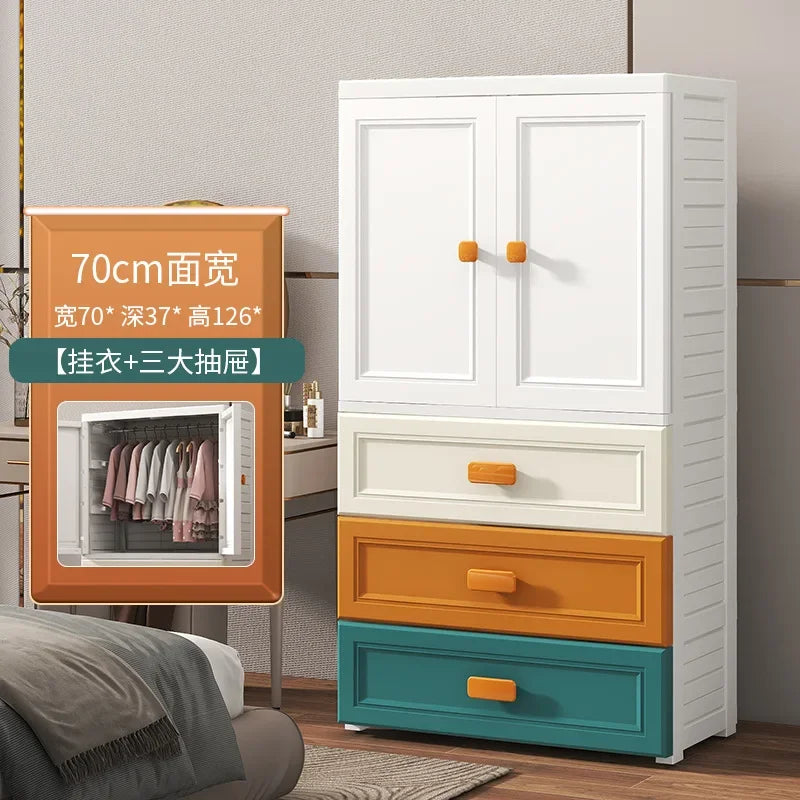 New model 70-Face wide thickened wardrobe simple bedroom plastic cabinet double door drawer type clothes hanging storage cabinet