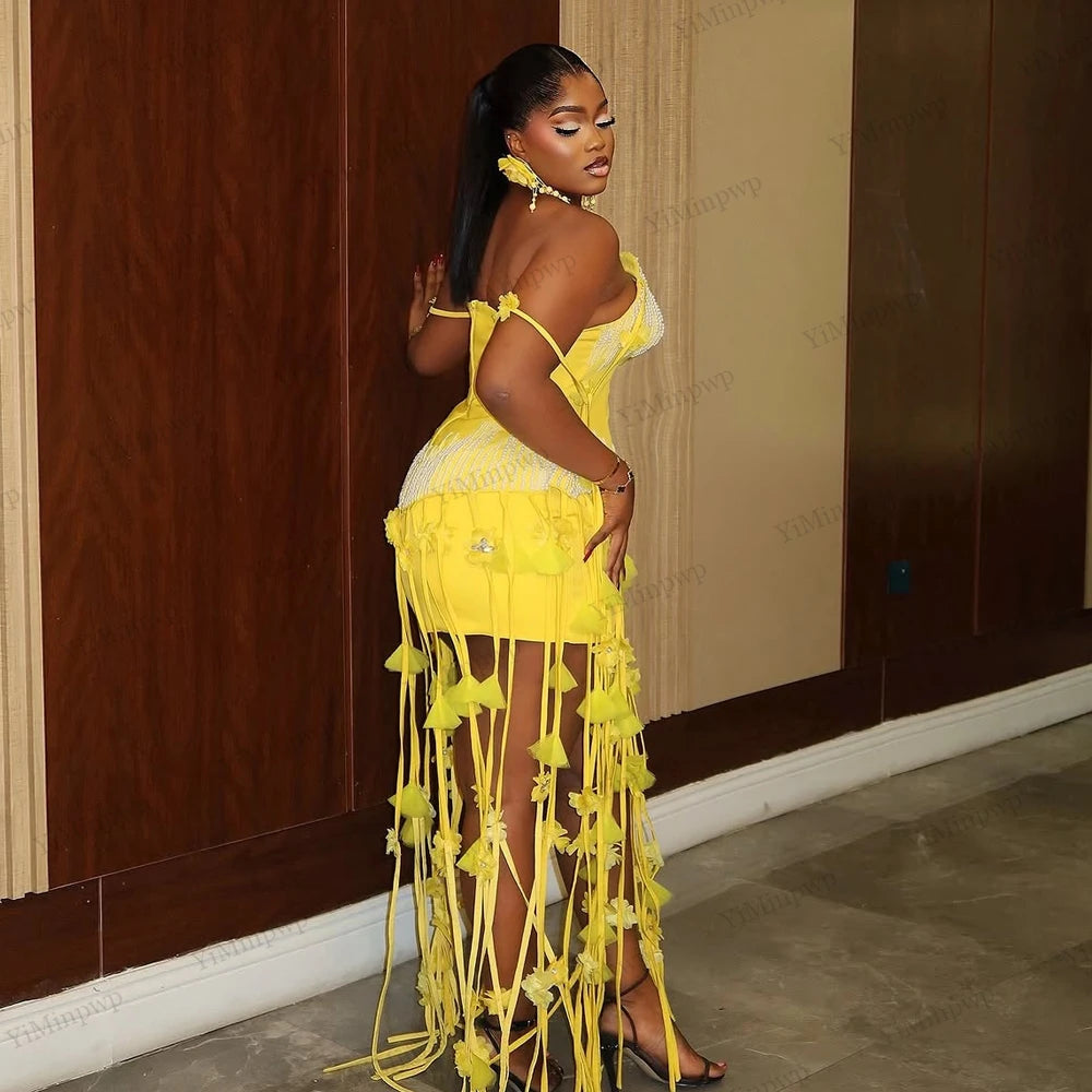 Pink Gorgeous Straight Cocktail Dress With Flowers Tassels Beads Luxury Birthday Dress African Sexy Evening Dresses Customized