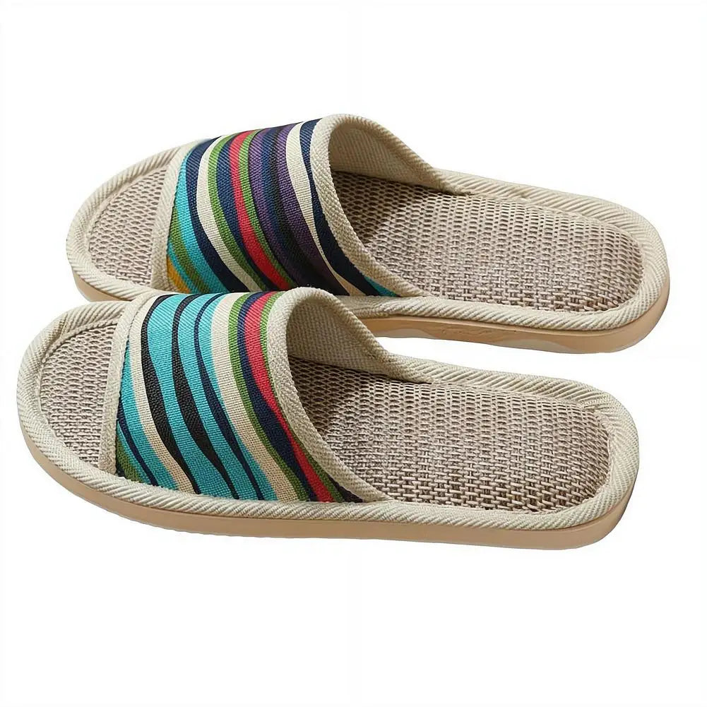 Striped Linen Open Toe Slippers Breathable Indoor House Slippers Anti Slip EVA Sole Lightweight Casual Home Slides For Men Women