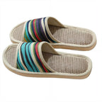 Striped Linen Open Toe Slippers Breathable Indoor House Slippers Anti Slip EVA Sole Lightweight Casual Home Slides For Men Women