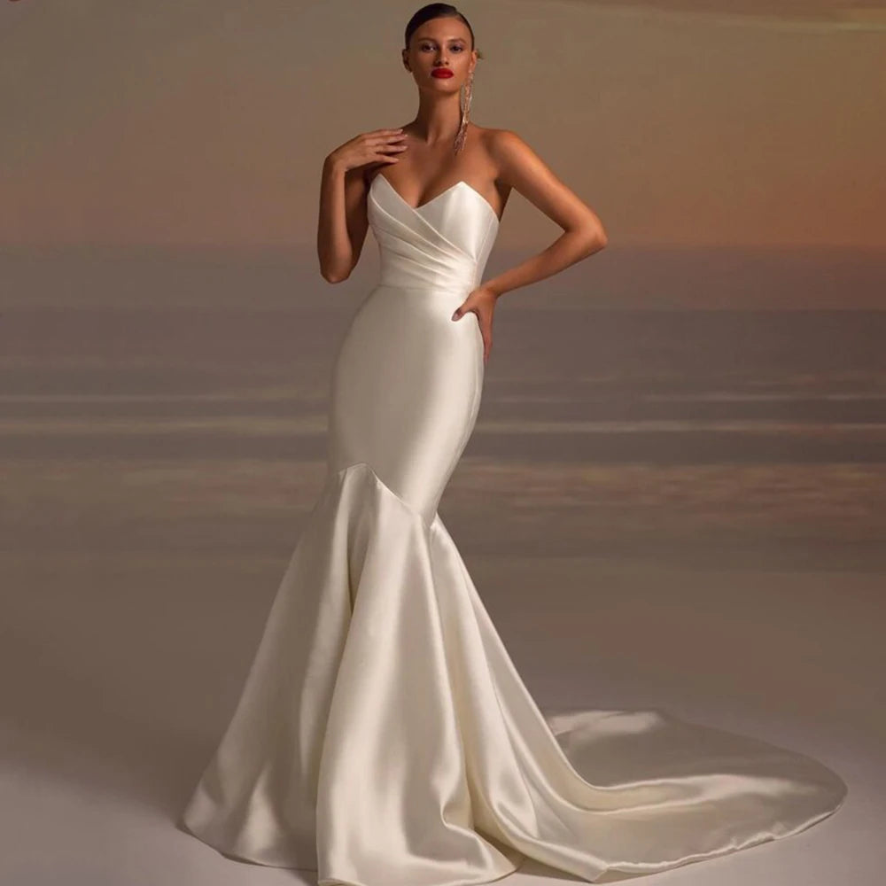 Classic Mermaid Wedding Dress Strapless V-Neck Sleeveless Satin Bride Gown Pleat Civil Marriage Dresses Princess Bridal Robe Main image