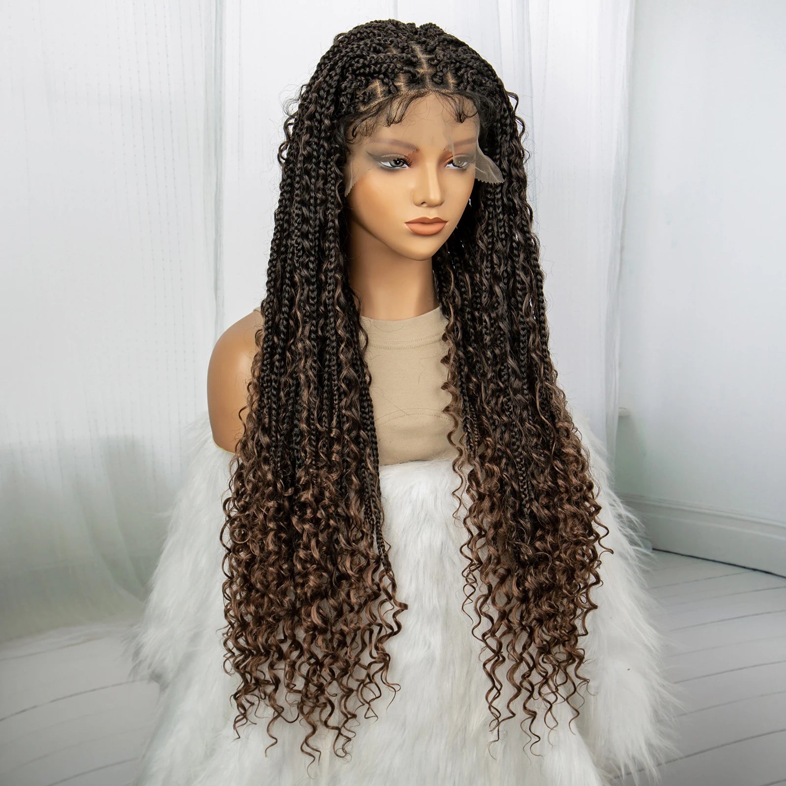 32inch Synthetic Boho Knotless Braided Wigs for Black Women Bohemian Box Braids Wigs Lace Front Braided Lace Wigs with Baby Hair