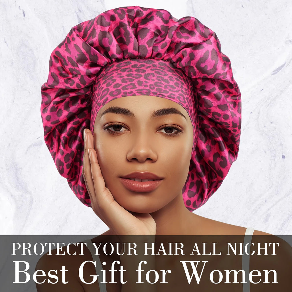 Luxurious Women's Satin Sleep Bonnet All-Over Leopard Print Nightcap for Hair Care And Fashion Style