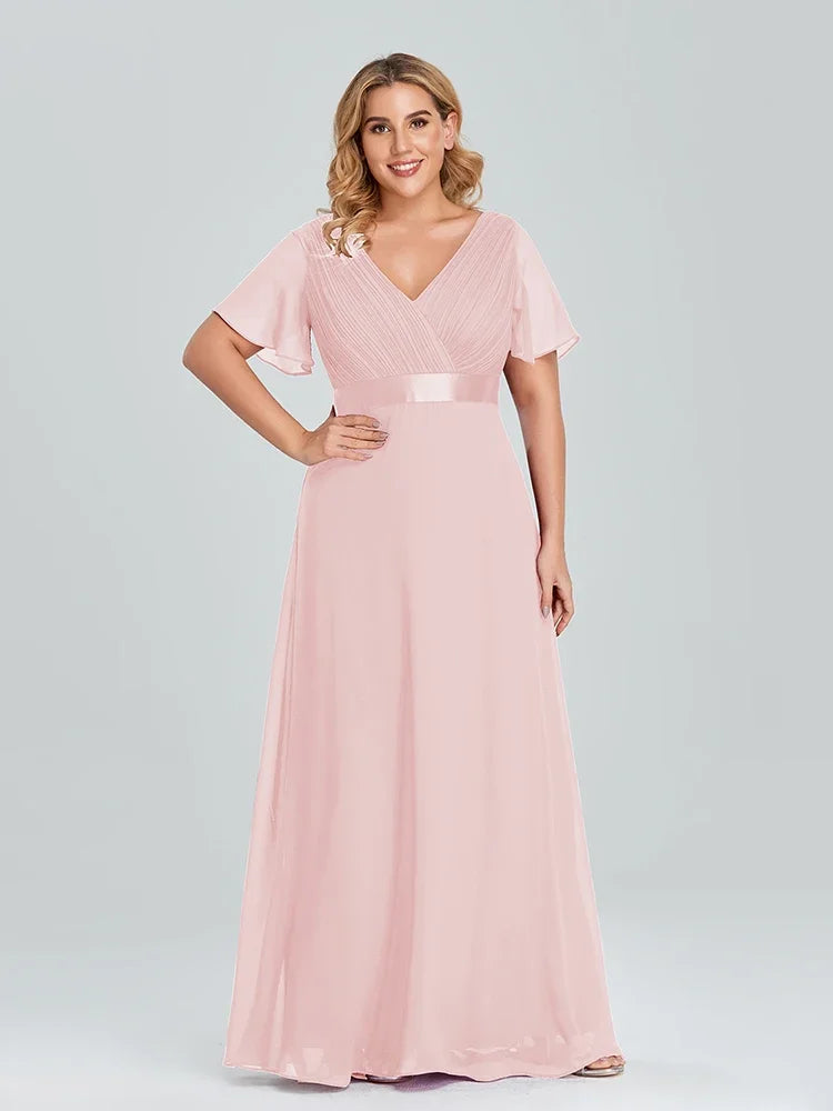 Prom Dresses Plus Size Evening Dresses Long  Elegant A Line V Neck Ruffles Chiffon Formal Wedding Party Dress Robe De Soiree