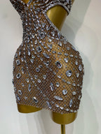 Sexy Sparkly Diamond Backless Short Dress 2026 Women Sleeveless Mesh See Through Evening Birthday Gown Singer Stage Outfit