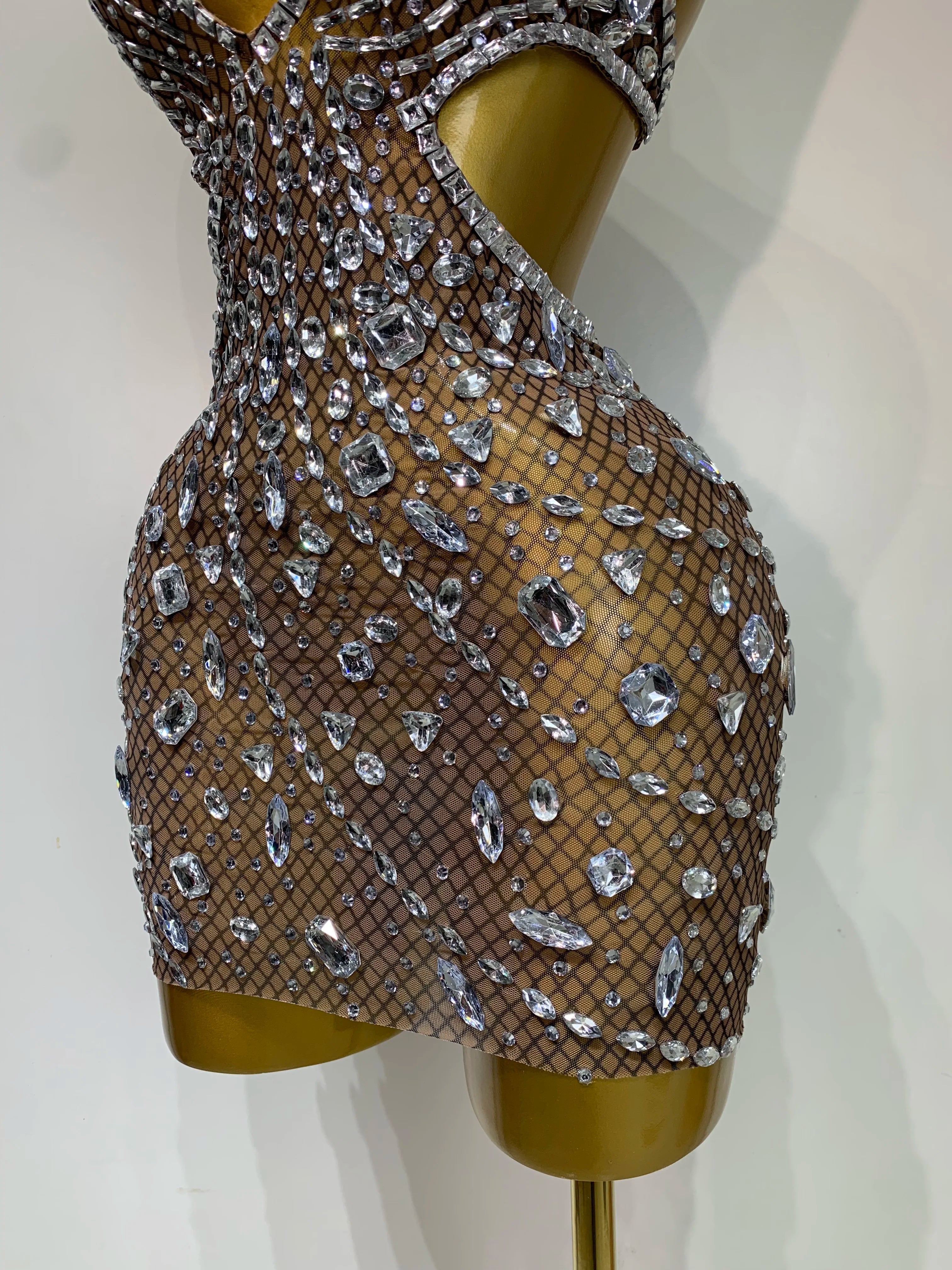 Sexy Sparkly Diamond Backless Short Dress 2026 Women Sleeveless Mesh See Through Evening Birthday Gown Singer Stage Outfit