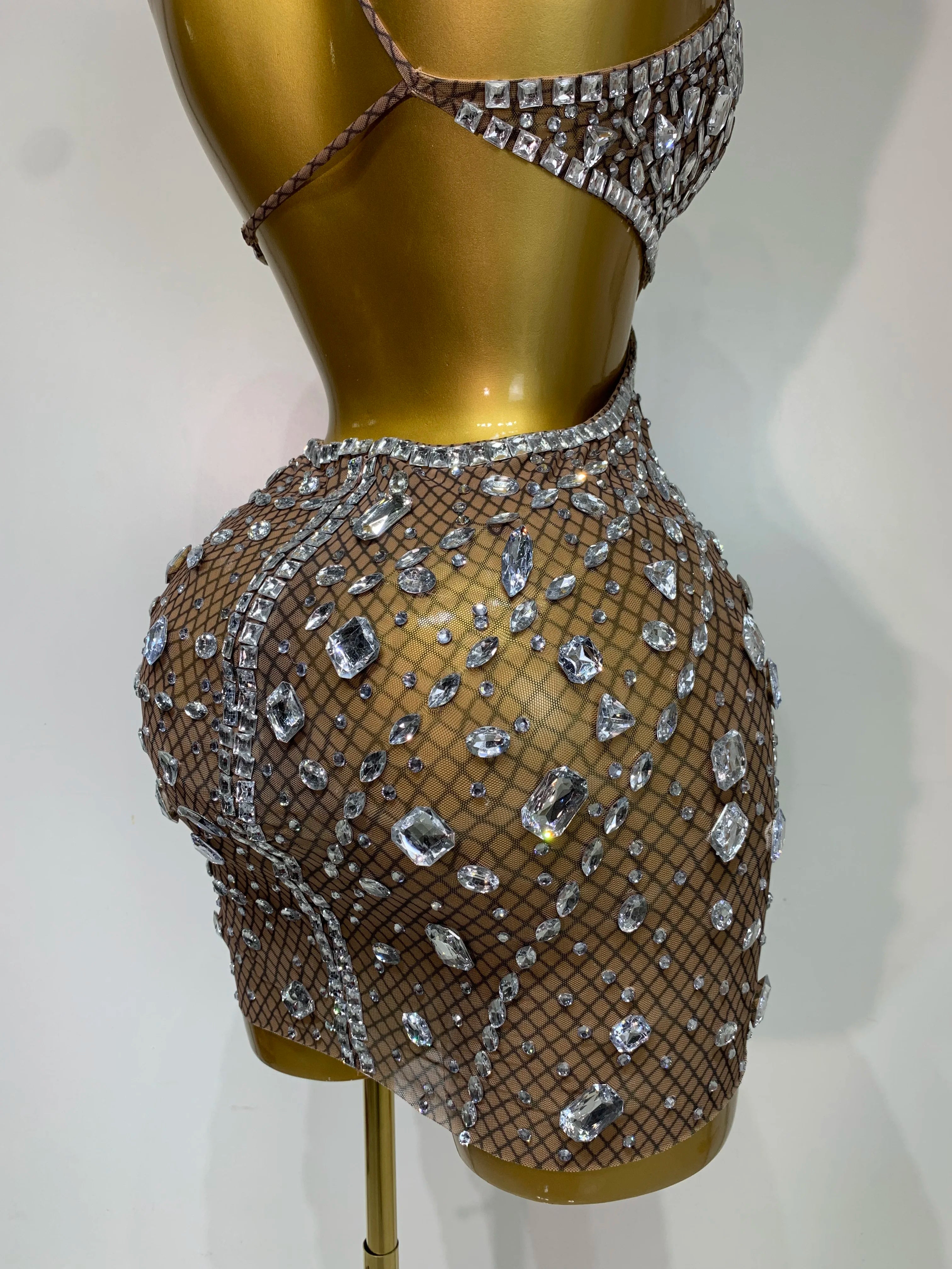 Sexy Sparkly Diamond Backless Short Dress 2026 Women Sleeveless Mesh See Through Evening Birthday Gown Singer Stage Outfit