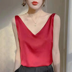 Woman T-shirts Elegant SILK Satin Blouse Sleeveless Female Summer 2026 Casual Loose Tanks and Camis Solid Green Tops for Women
