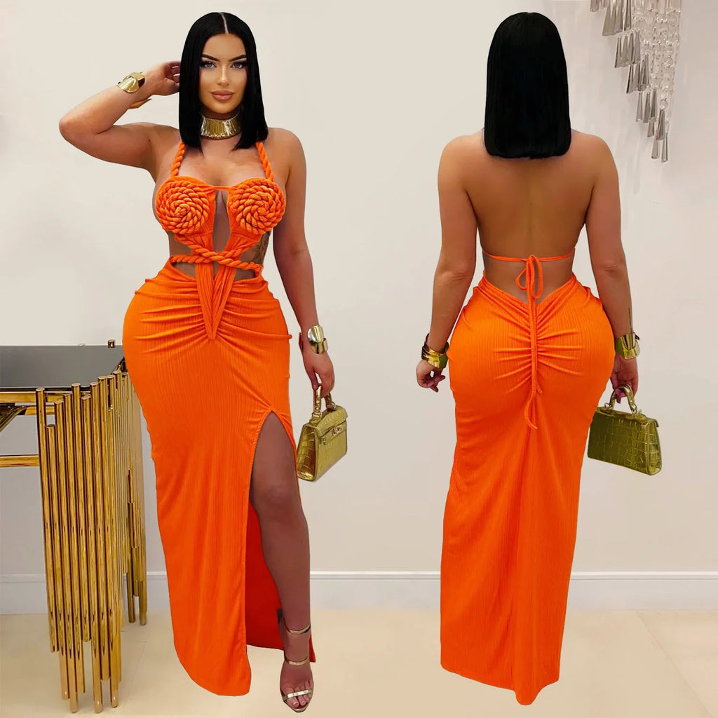 Women's Hollow Out Sleeveless Sexy Knitted Halter Neck Backless Solid Color Dress for Summer 2025