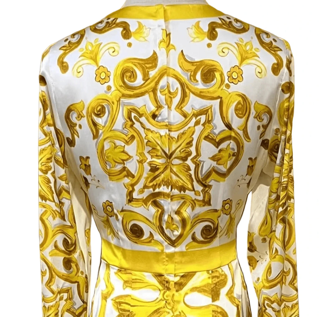Designer Inspired 100% Silk Midi Dress 2026 Women Slim Fit Yellow Porcelain Print Luxury Holiday Party Runway Dress