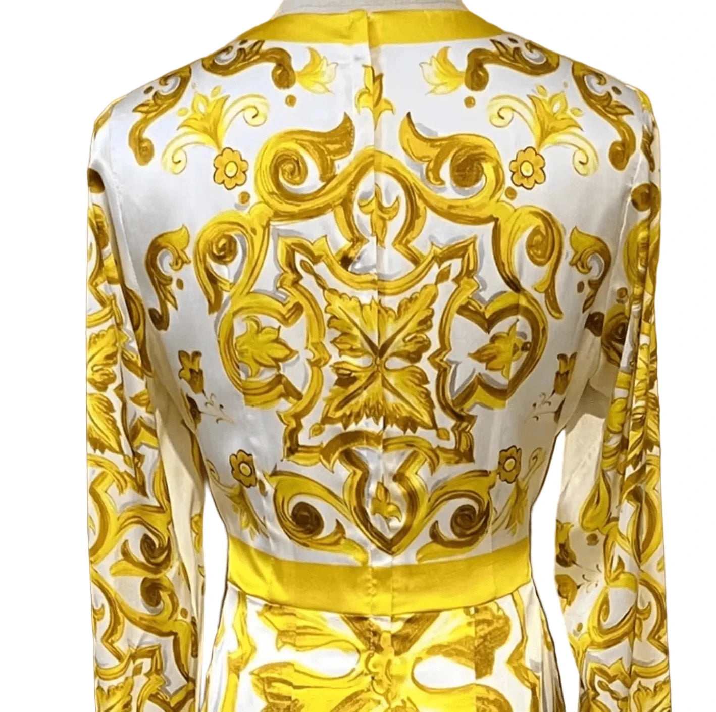Designer Inspired 100% Silk Midi Dress 2026 Women Slim Fit Yellow Porcelain Print Luxury Holiday Party Runway Dress