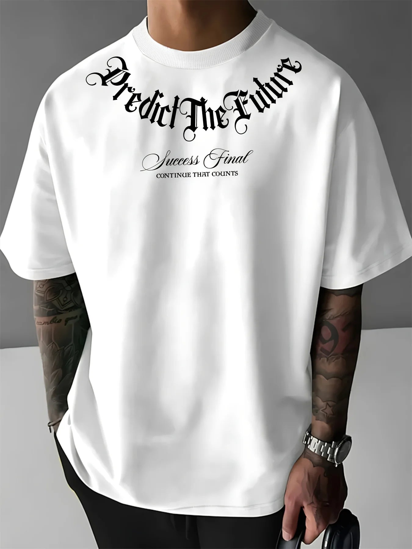 Summer men's 100% cotton comfortable casual wide plus size prediction for future letter printed round neck short sleeved T-shirt Secondary image