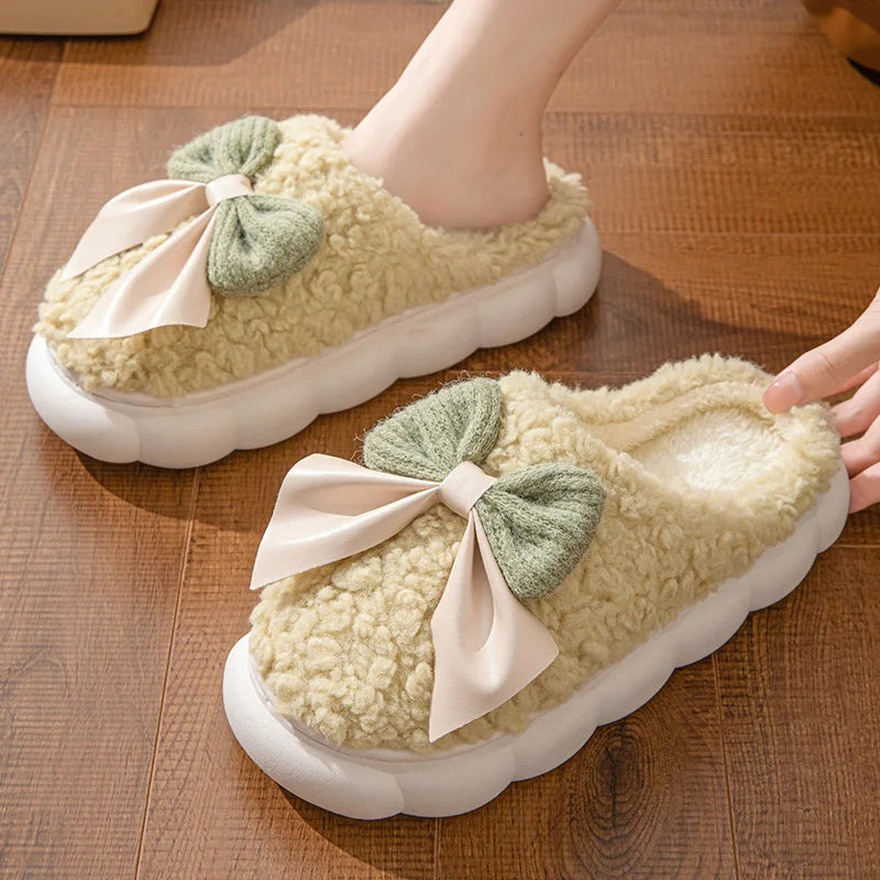 Cotton slippers for Women Autumn and Winter Thick Sole Indoor Home Warm Couples Shoes Bow Non-Slip Flat Platform Women's Slipper