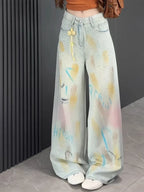 2026 Trend Y2K Style Graffiti Design Vintage Blue Baggy Women's Ripped Jeans Pants For Woman Clothing Straight Denim Trousers
