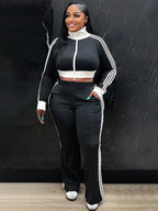 Doyerl Sporty Casual Tracksuit Women Two Piece Sets Striped Long Sleeve Zipper Cropped Jacket Top and Sweatpants Jogging Femme