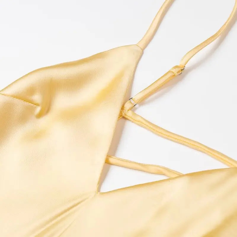 HH Women Summer Yellow Stain V Neck Sling Dress Elegant Sleeveless Loose Maxi Robes 2026 New Ladies Party Holiday Dresses