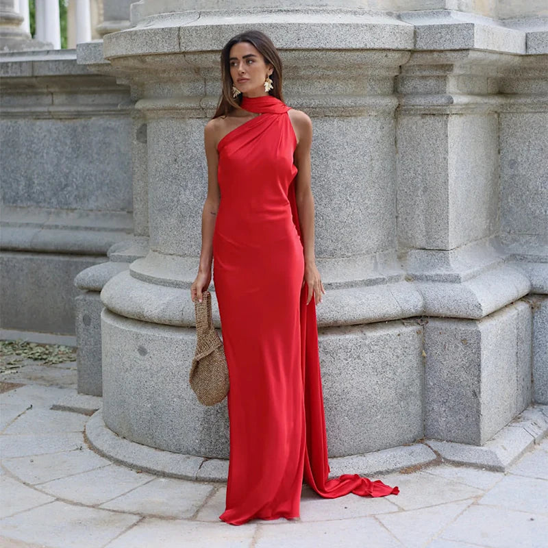 Elegant Ribbon Halter Dress Women Solid Off Shoulder Sleeveless Backless Slim Maxi Dresses 2026 Summer Autumn Party Robes Lady