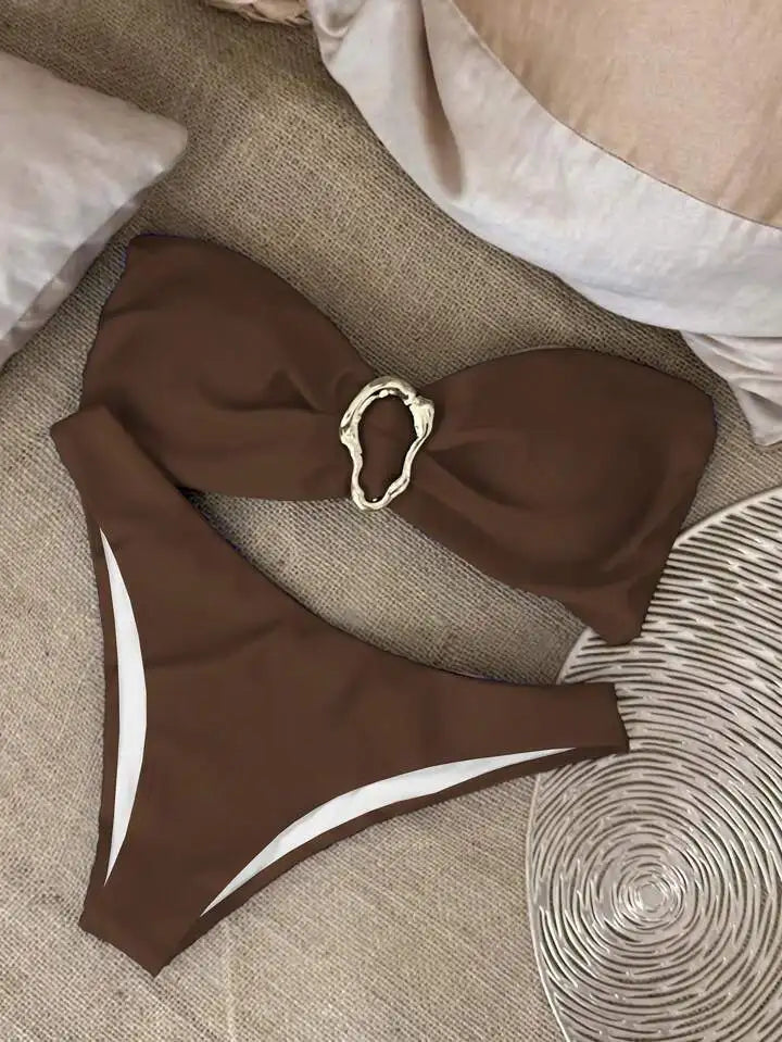Women Strapless Bikinis Sets Summer Push Up Swimwear Two Pieces Suits Female Sexy Swimsuits Solid Color Lady Backless Beachwear