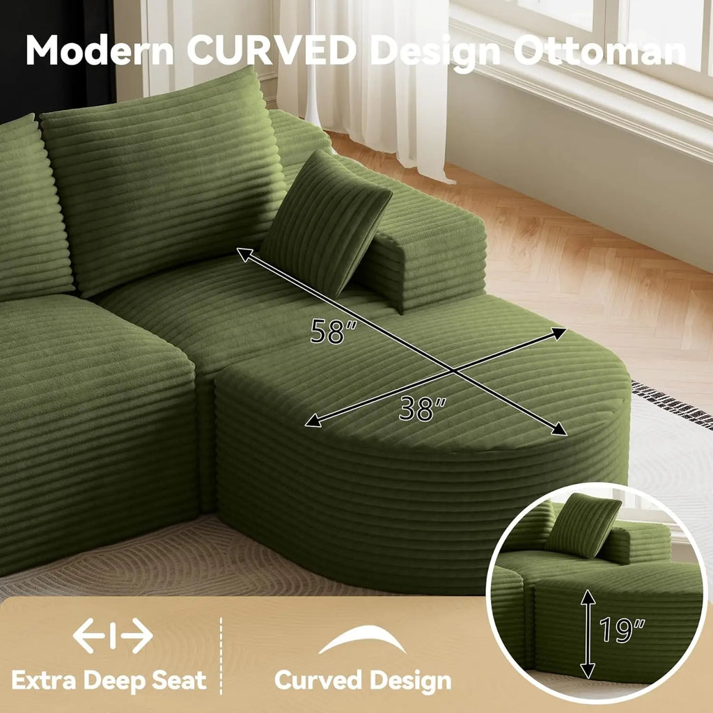 108in U-Shape Modular Sectional Sofa Deep Seat Corduroy Oversize Ottoman Cloud Couch Small Apartment Green Custom