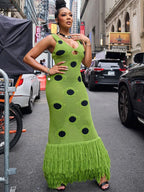 Women Sexy See Through Knitted Maxi Dress Hollow Out Deep Neck Pot Robes Tassel Hem Fork Party Vestidos 2025 New Lady Club Gown
