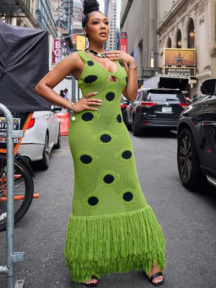 Women Sexy See Through Knitted Maxi Dress Hollow Out Deep Neck Pot Robes Tassel Hem Fork Party Vestidos 2025 New Lady Club Gown Main image
