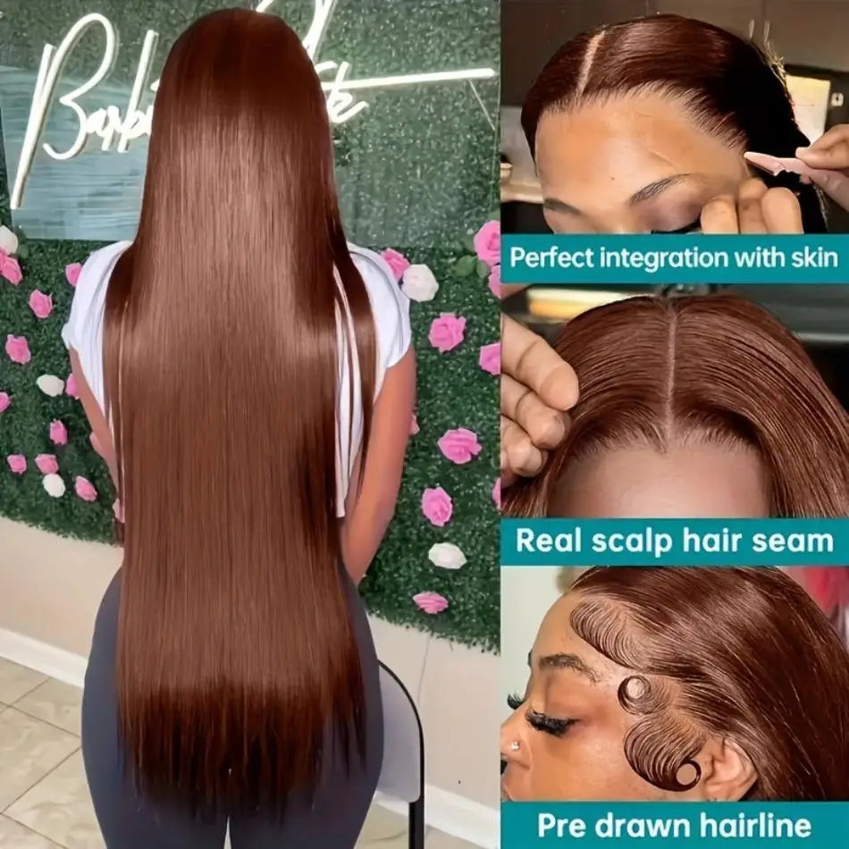 Chocolate Brown Straight 13X6 Hd Lace Frontal Wig Colored 100% Human Hair 13X4 Lace Front Wigs For Women Preplucked 30 36 Inch