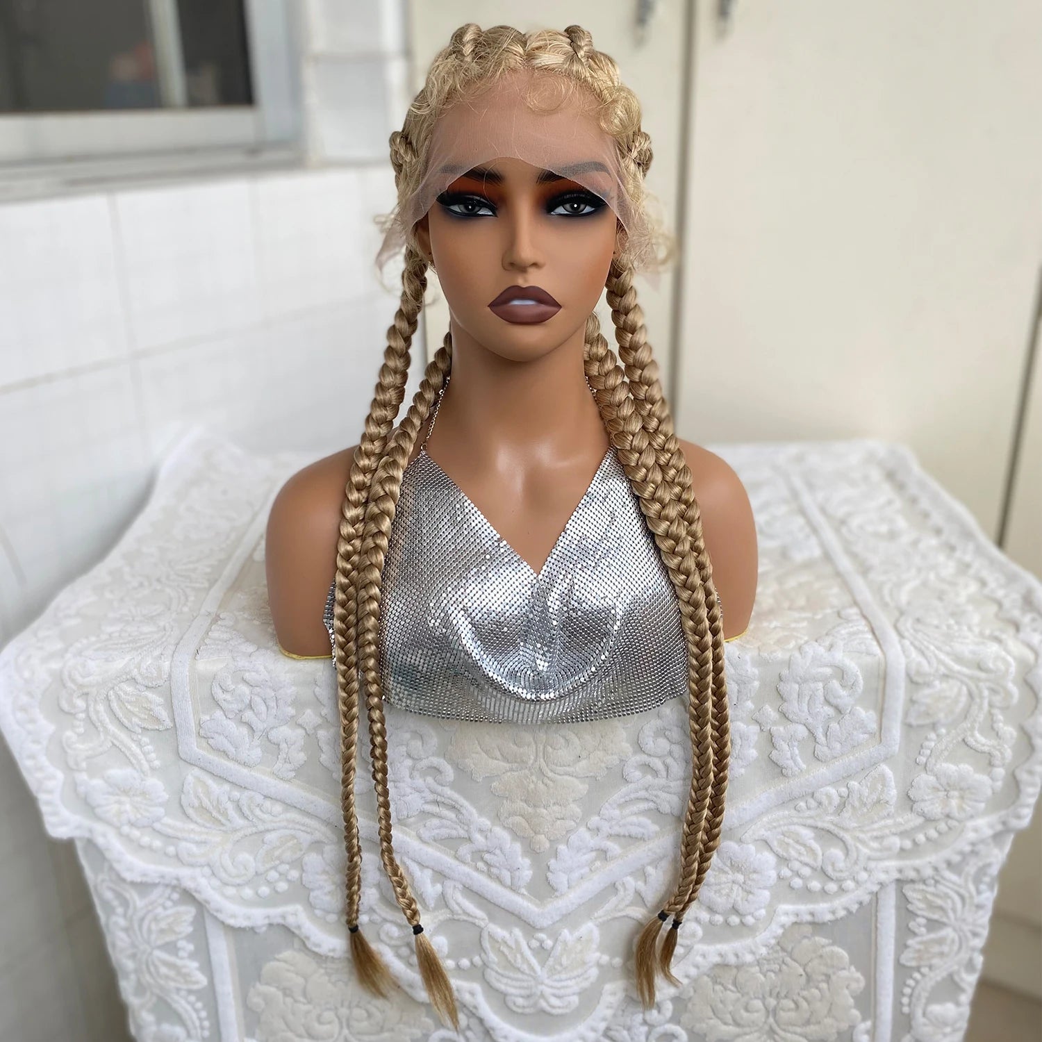 Synthetic Lace Front Wig Braided Wigs With Baby Hair 32 Inches 4 Twist Cornrow Braids Cosplay DIY Wig Synthetic Crochet Braids Secondary image