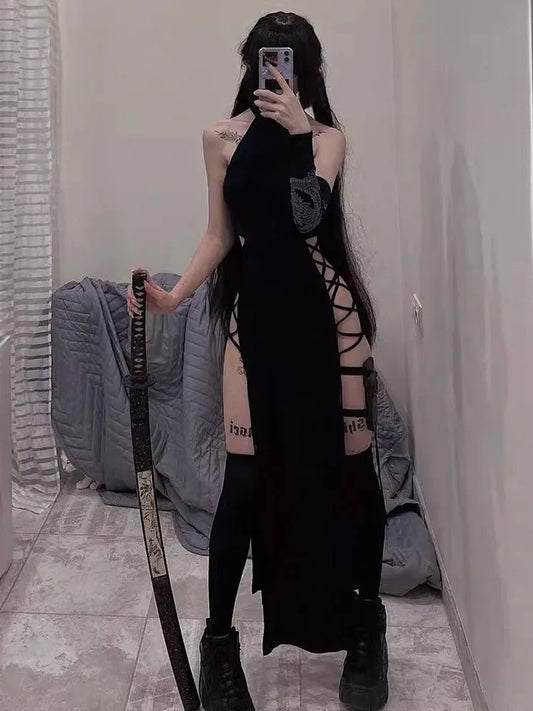 Goth Dark Cosplay High Split Sexy Bandage Women Dresses Y2K Mall Gothic Halter Slim Midi Dress Black Grunge Style Alt Partywear