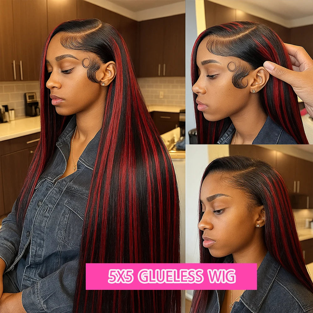 Black With Red Blonde Highlight Bone Straight Wig 5x5 Glueless Wig Human Hair Ombre Burgundy Colored Preplucked Wig Wear and Go