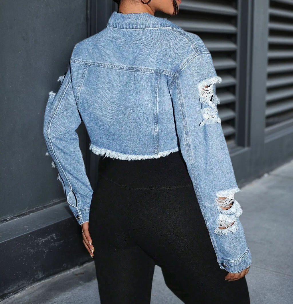 Denim Jacket Women Short Coat Hole Distressed Vintage Washed Single Breasted Turn Down Collar Autumn Female Outerwear Streetwear
