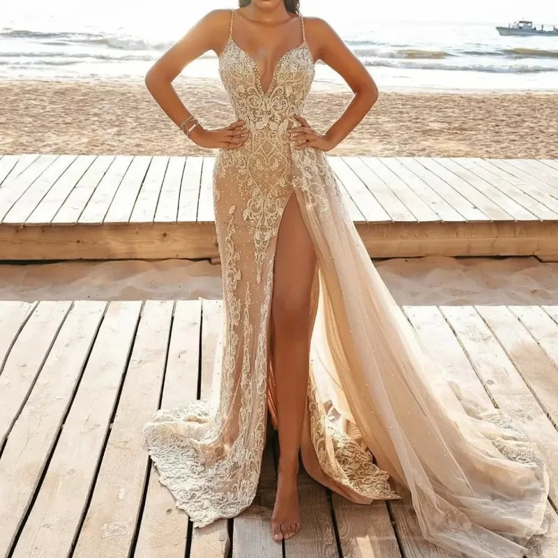 Wedding Party Dress Female Evening Elegant Sexy Deep V Neck Strap Sleeveless Sequined Long Maxi Dresses for Women 2026