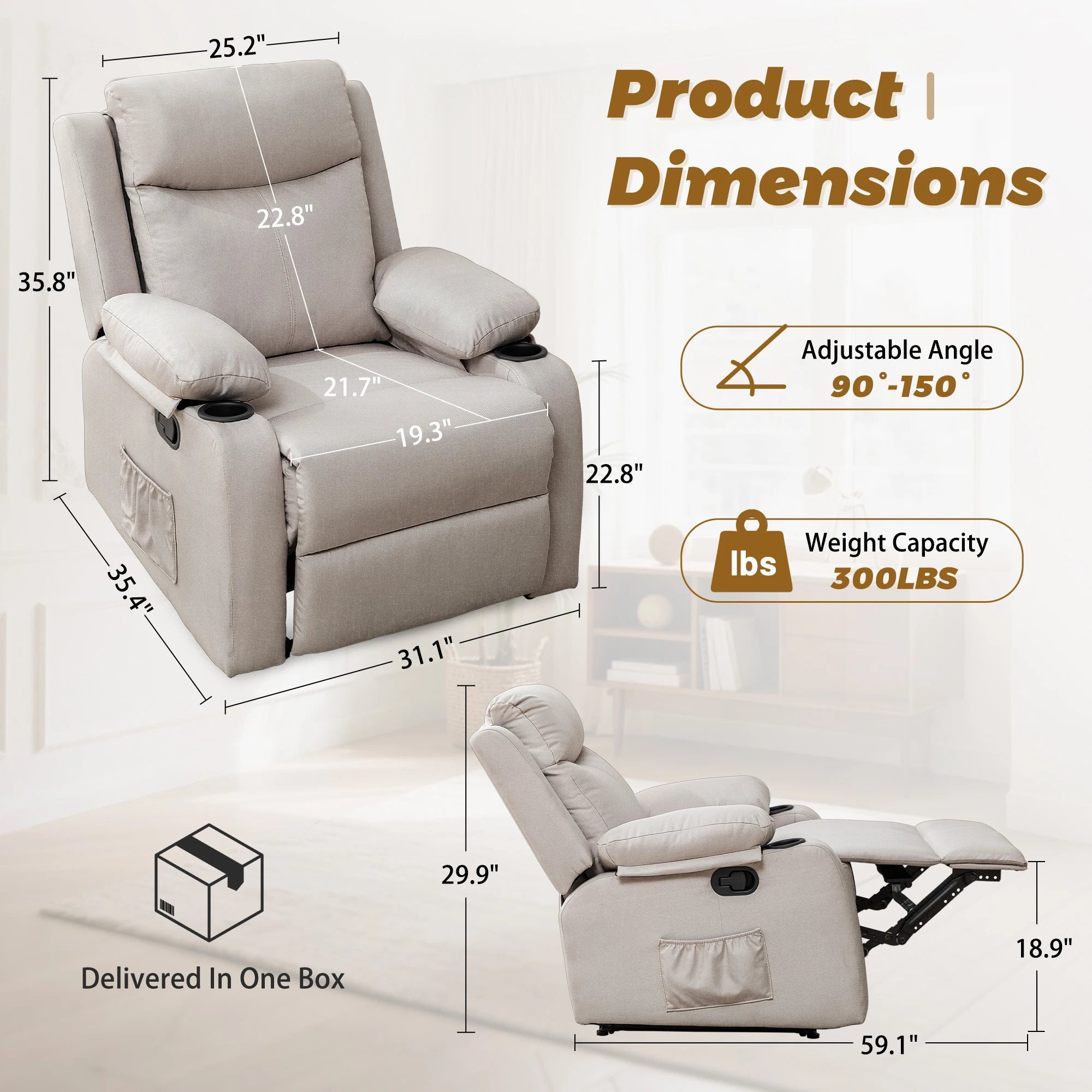 Korser Small Recliners for Small Spaces, Reclining Manual Chair with Cup Holders and Side Pockets  for Living Room, Bedroom Secondary image