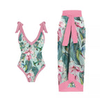 Fashion Women Cover Swimsuit Retro Print Gorgeous One-Piece Suit with Swimwear Beach Casual Swimwear Skirt That Wraps Hips