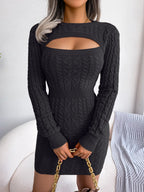 VigoCasey 2026 Blue Casual Short Knit Dress Autumn Winter Women Long Sleeve Dress Sexy Lady Solid Hollow Bodycon Knitted Dresses