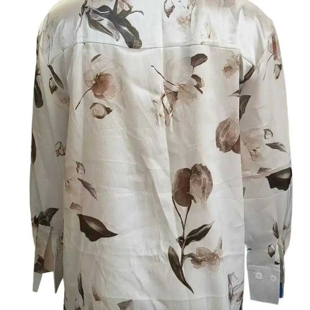 Elegant Intellectual Women's Satin Floral Print Shirt | Soft & Smooth V-Neck Long-Sleeve Button Formal Top for Spring