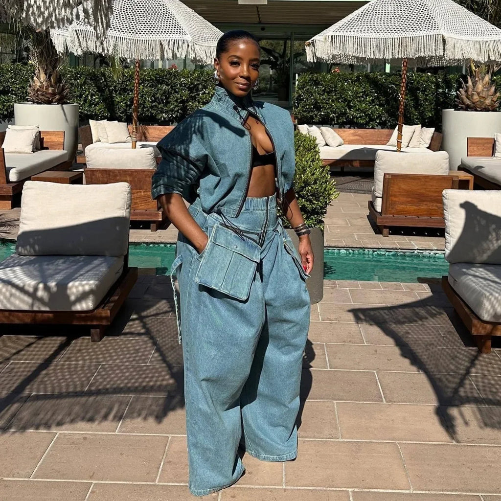 Denim Two Piece Sets Women Coat Jacket Wide Leg Pants Jeans Suits Matching Sets Trousers Outfits 2025/2026 Y2k Streetwear Party