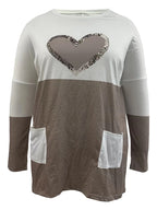 2026 Plus Size Europe And The United States Autumn Love Printed Round Neck Loose Color Contrast Long Sleeve T-Shirt Women