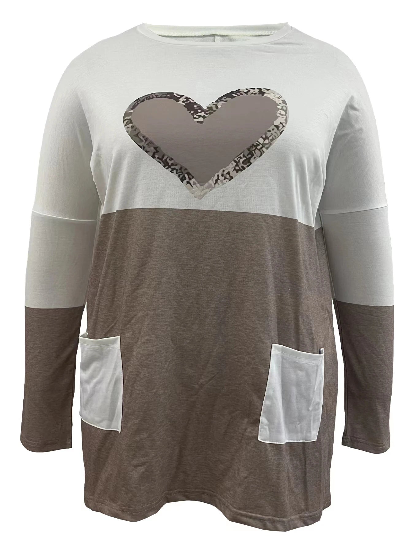2026 Plus Size Europe And The United States Autumn Love Printed Round Neck Loose Color Contrast Long Sleeve T-Shirt Women