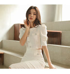 H Han Queen Hot Sale Spring White 2 Pieces Set Women Short Tops + High Waist Pencil Skirts Casual Simple Office Lady Skirt Suit