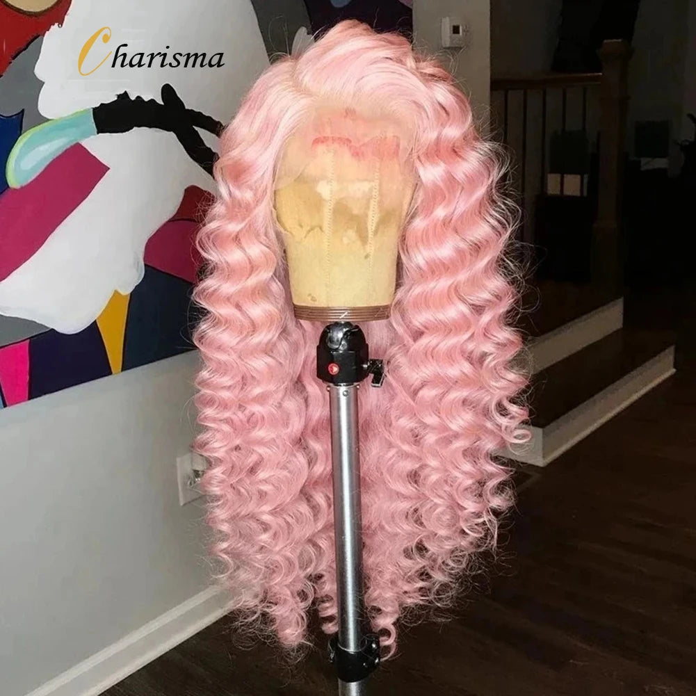 Charisma Synthetic Lace Front Wigs For Women Long Curly Lace Front Wig Natural Hairline Pre Plucked Pink Grey Wig Cosplay