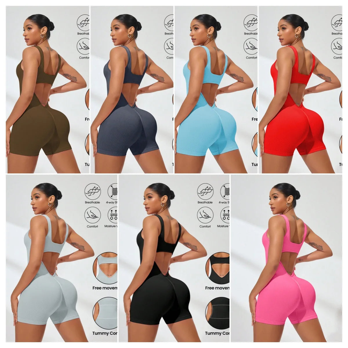 Sexy Backless Women Yoga Rompers U Neck Sleeveless Threaded Jumpsuit Solid Color Elastic Bodysuit Without Bust Pads Streetwear