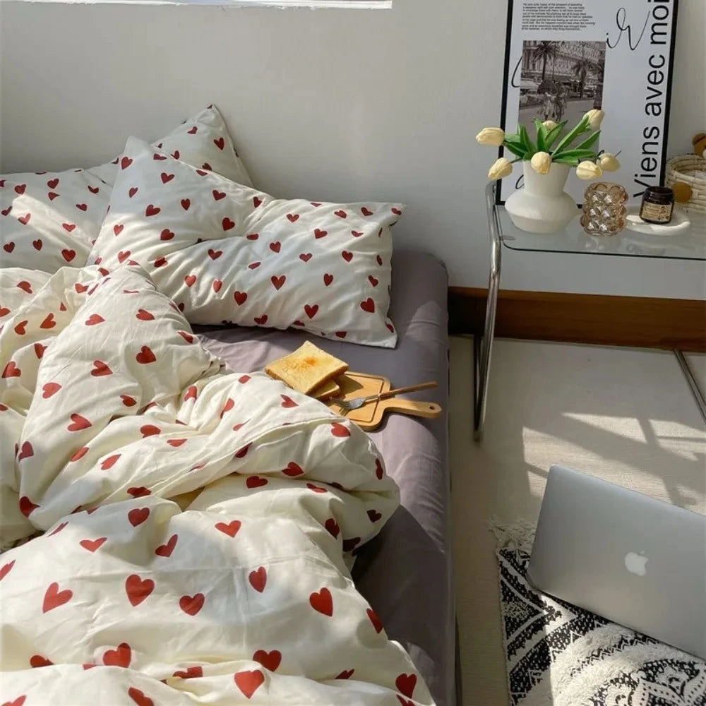 Korean Style Bedding Set Kid Adult Twin Full Queen Size Bed Flat Sheet Set Pillowcase Bed Linen Love Heart Duvet Cover