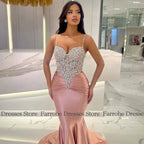 Dubai Luxury Prom Dresses Satin Mermaid/Trumpet Celebrity Dress Rose Pink Sweetheart Rhinestones Pleat Ruched Party Dress Long