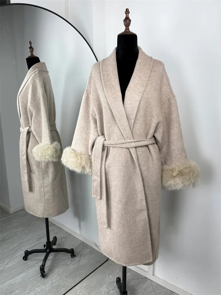 Elegant Lace Up Woolen Short Coat Solid Loose Lapel Furry Belt Long Sleeve Jacket Female 2025 Autumn Winter Lady Chic Cardigan