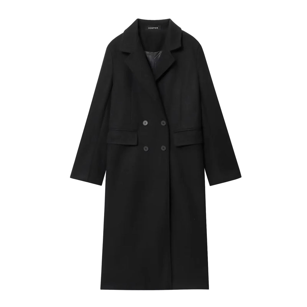 HH Women Fashion Burgundy Woolen Coat Double Breasted Long Sleeve Lapel Blends Jacket Autumn Winter High Street Outerwear