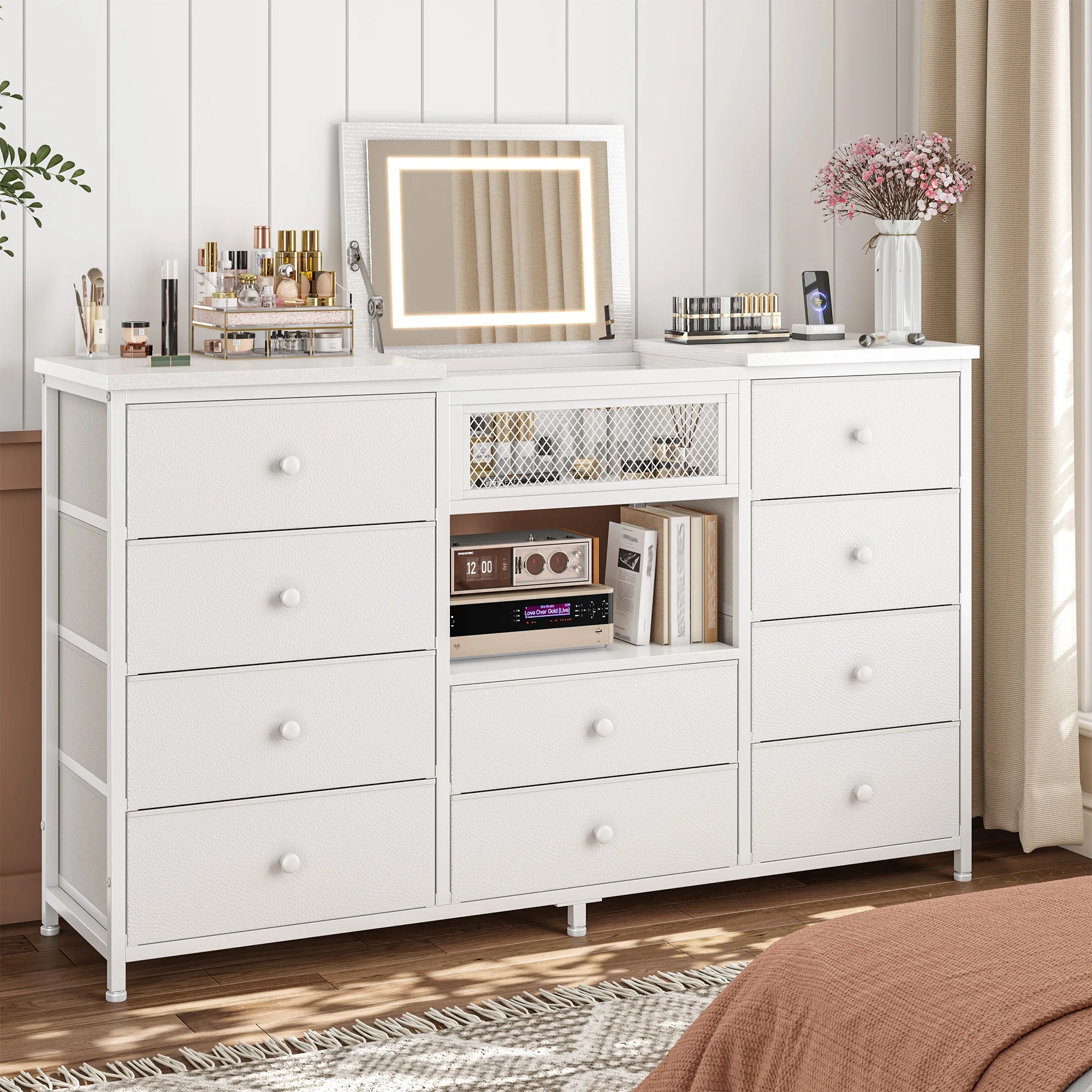 Modern 10-Drawer Dresser with Mirror & RGB LED Lights, 55" Wide Fabric Chest with USB Charging for Bedroom Vanity, Hallway