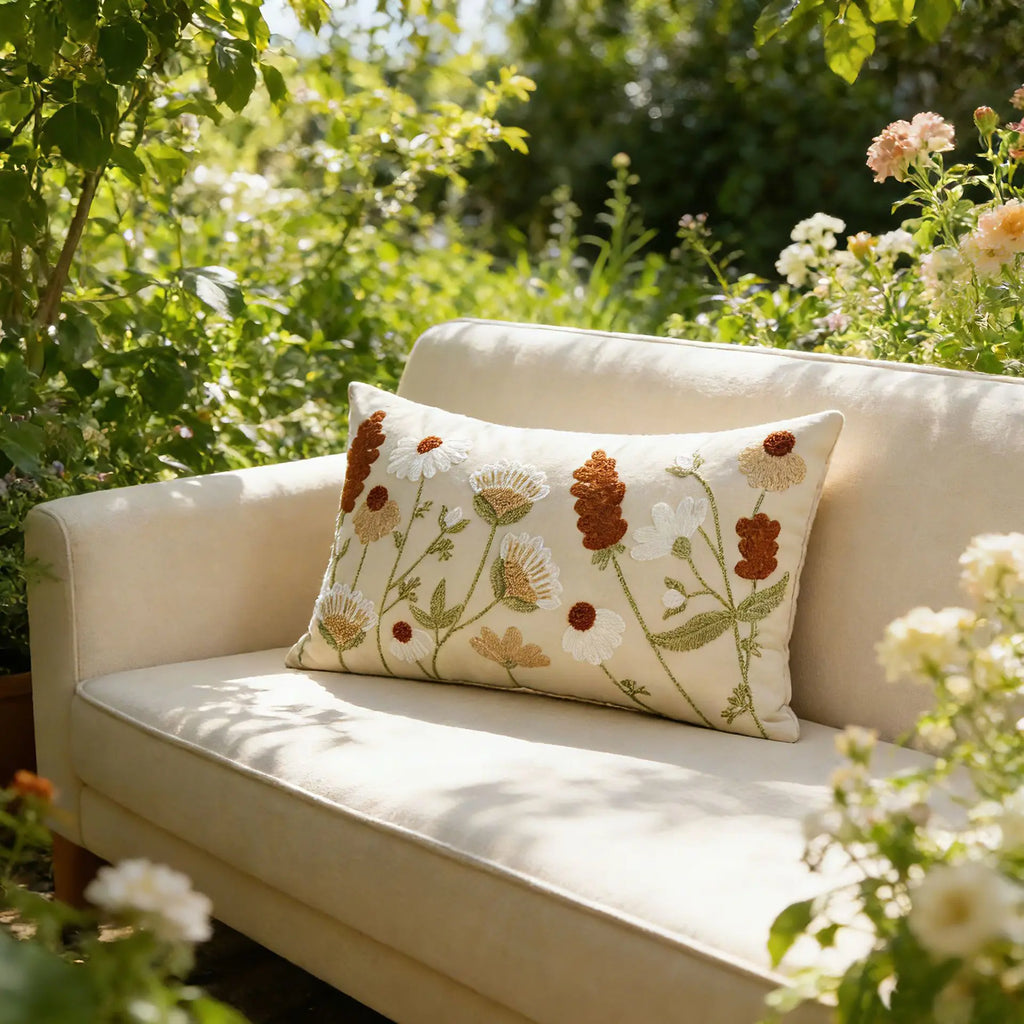 Spring Summer Floral Embroidered Decorative Throw Pillow Covers 12x20 Inch Farmhouse Beige Flowers Boho Cushion Case for Bedroom